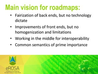 Main vision for roadmaps:
• Fairization of back ends, but no technology
dictate
• Improvements of front ends, but no
homogenization and limitations
• Working in the middle for interoperability
• Common semantics of prime importance
 