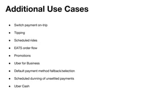 ● Switch payment on-trip
● Tipping
● Scheduled rides
● EATS order flow
● Promotions
● Uber for Business
● Default payment method fallback/selection
● Scheduled dunning of unsettled payments
● Uber Cash
Additional Use Cases
 