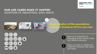 www.industrialdataspace.org // 9
OUR USE CASES MAKE IT HAPPEN
ADOPTION OF INDUSTRIAL DATA SPACE
Build up an ecosystem by
integrating further partners (also
from different domains)
Setup use cases to validate and
implement Industrial Data Space
technology
Each member of the association
realizes a business driven use case
!
!
+
+
+
 