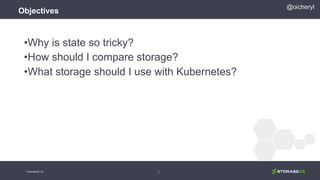Objectives
•Why is state so tricky?
•How should I compare storage?
•What storage should I use with Kubernetes?
3
@oicheryl
© StorageOS Ltd.
 