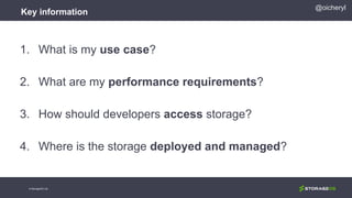 Key information
1. What is my use case?
2. What are my performance requirements?
3. How should developers access storage?
4. Where is the storage deployed and managed?
@oicheryl
© StorageOS Ltd.
 