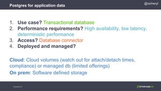 Postgres for application data
© StorageOS Ltd.
@oicheryl
1. Use case? Transactional database
2. Performance requirements? High availability, low latency,
deterministic performance
3. Access? Database connector
4. Deployed and managed?
Cloud: Cloud volumes (watch out for attach/detach times,
compliance) or managed db (limited offerings)
On prem: Software defined storage
 