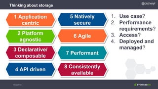 Thinking about storage
1 Application
centric
2 Platform
agnostic
3 Declarative/
composable
4 API driven
5 Natively
secure
6 Agile
7 Performant
8 Consistently
available
© StorageOS Ltd.
@oicheryl
1. Use case?
2. Performance
requirements?
3. Access?
4. Deployed and
managed?
 