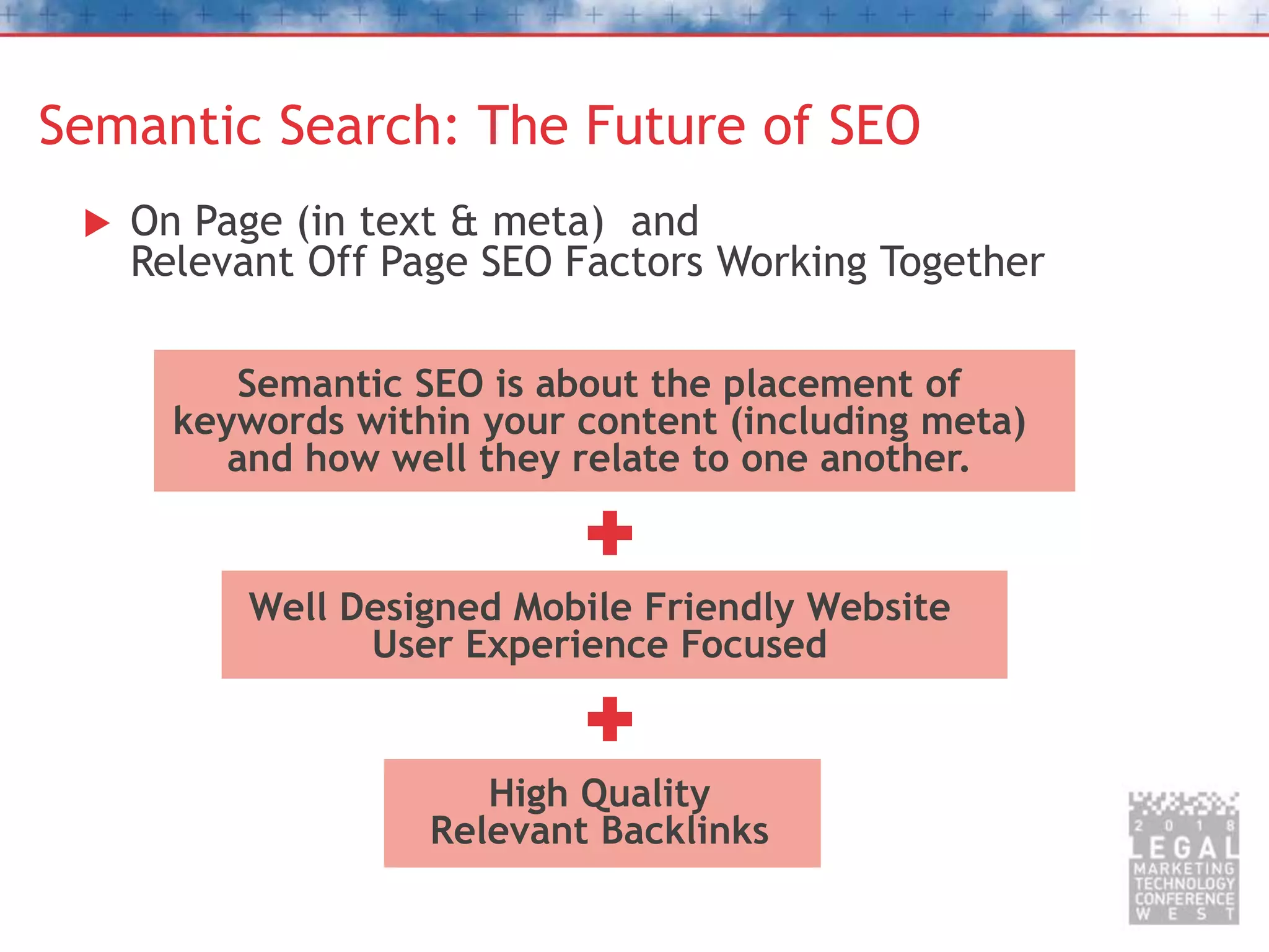 Semantic Search: The Future of SEO
 On Page (in text & meta) and
Relevant Off Page SEO Factors Working Together
Semantic SEO is about the placement of
keywords within your content (including meta)
and how well they relate to one another.
Well Designed Mobile Friendly Website
User Experience Focused
High Quality
Relevant Backlinks
 