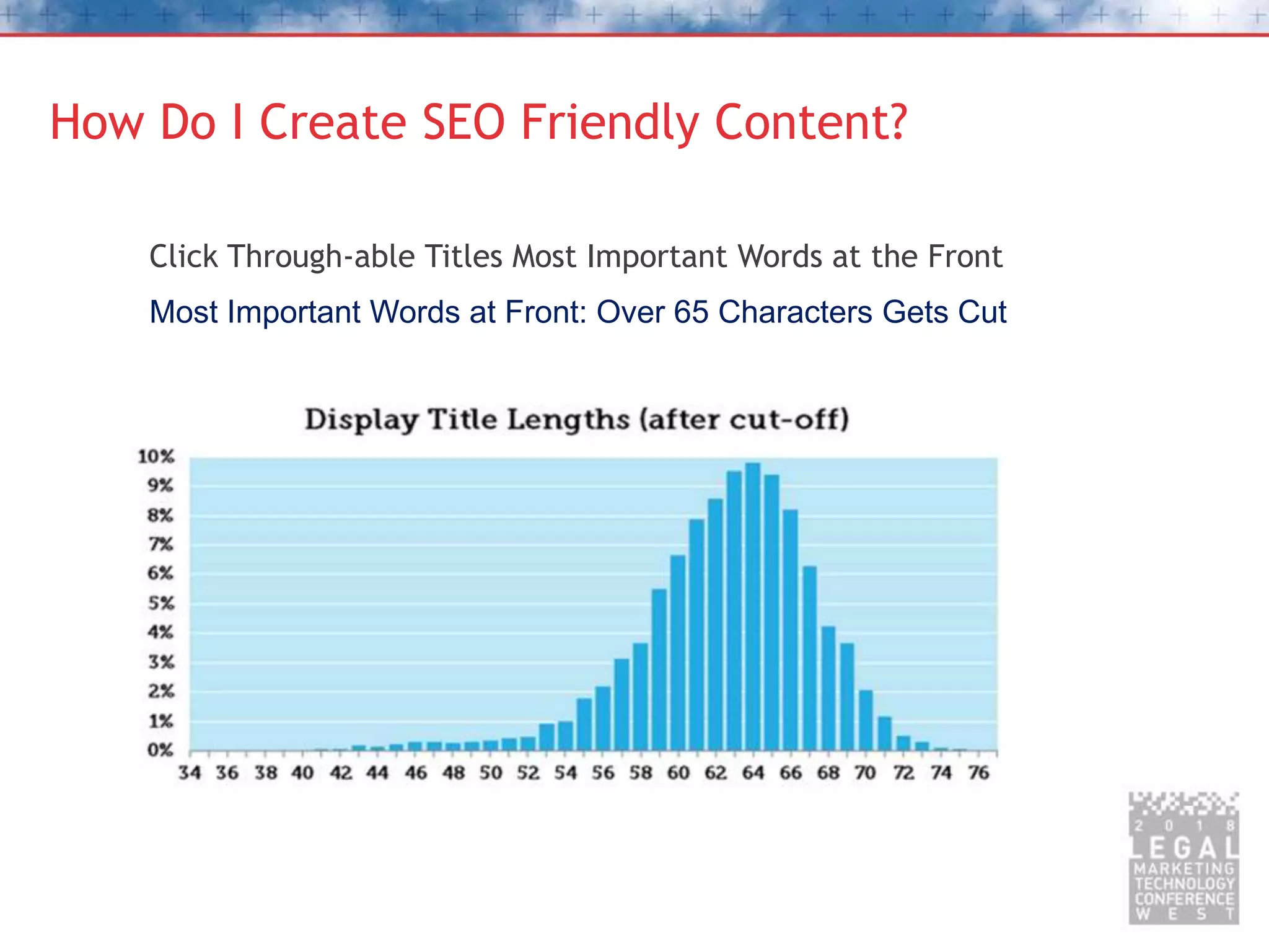 How Do I Create SEO Friendly Content?
Click Through-able Titles Most Important Words at the Front
Most Important Words at Front: Over 65 Characters Gets Cut
 