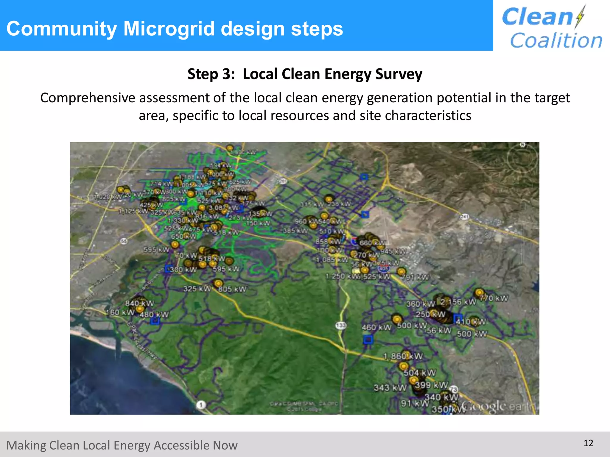 Step 3: Local Clean Energy Survey
Comprehensive assessment of the local clean energy generation potential in the target
area, specific to local resources and site characteristics
Community Microgrid design steps
Making Clean Local Energy Accessible Now 12
 