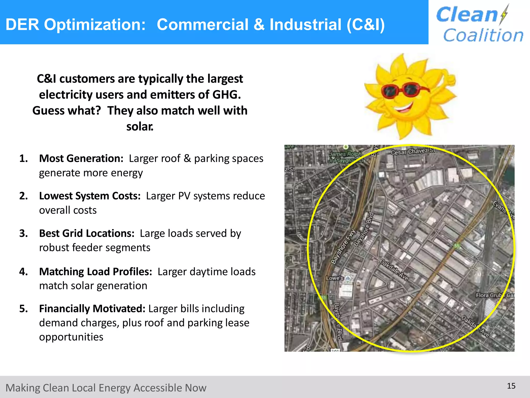 DER Optimization: Commercial & Industrial (C&I)
C&I customers are typically the largest
electricity users and emitters of GHG.
Guess what? They also match well with
solar.
1. Most Generation: Larger roof & parking spaces
generate more energy
2. Lowest System Costs: Larger PV systems reduce
overall costs
3. Best Grid Locations: Large loads served by
robust feeder segments
4. Matching Load Profiles: Larger daytime loads
match solar generation
5. Financially Motivated: Larger bills including
demand charges, plus roof and parking lease
opportunities
Making Clean Local Energy Accessible Now 15
 