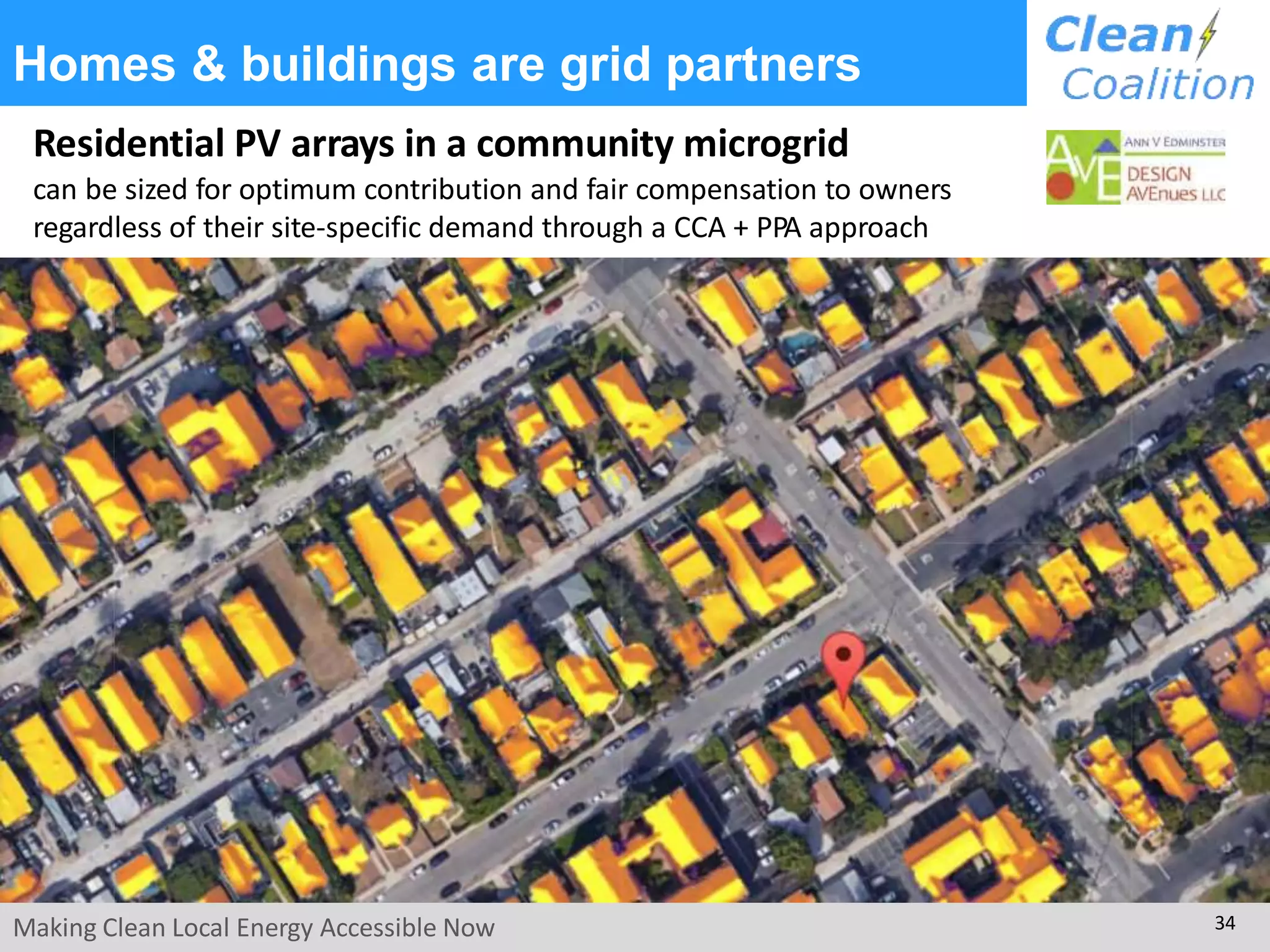 Homes & buildings are grid partners
Residential PV arrays in a community microgrid
can be sized for optimum contribution and fair compensation to owners
regardless of their site-specific demand through a CCA + PPA approach
Making Clean Local Energy Accessible Now 34
 