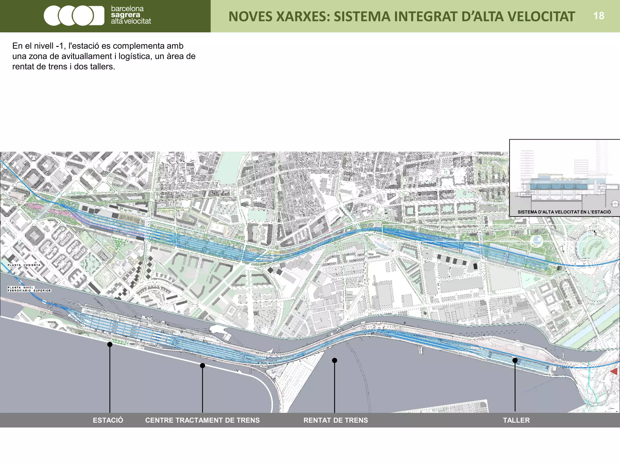 ESTACIÓ CENTRE TRACTAMENT DE TRENS RENTAT DE TRENS TALLER
SISTEMA D’ALTA VELOCITAT EN L’ESTACIÓ
NOVES XARXES: SISTEMA INTEGRAT D’ALTA VELOCITAT 18
En el nivell -1, l'estació es complementa amb
una zona de avituallament i logística, un àrea de
rentat de trens i dos tallers.
 