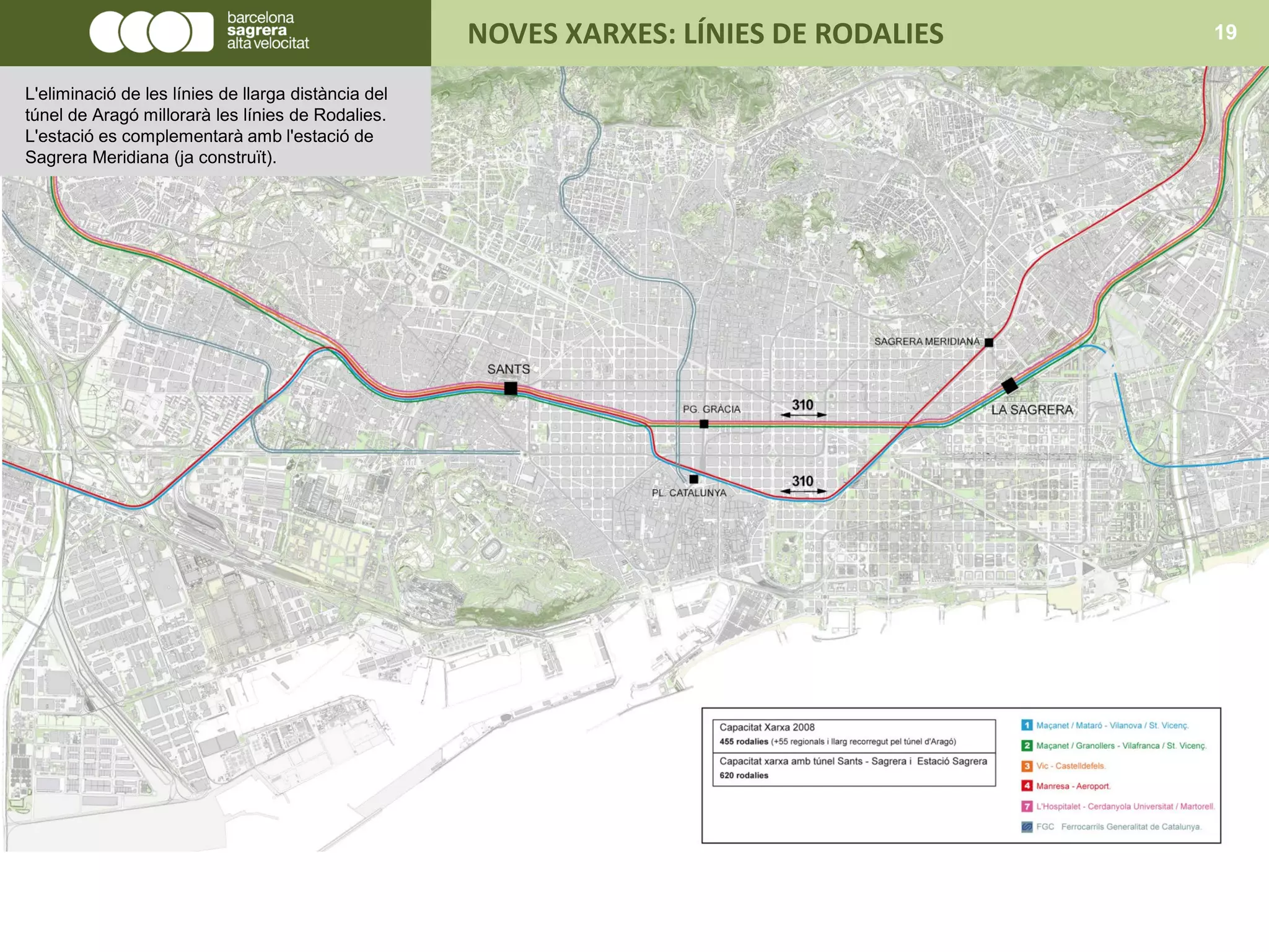 NOVES XARXES: LÍNIES DE RODALIES 19
L'eliminació de les línies de llarga distància del
túnel de Aragó millorarà les línies de Rodalies.
L'estació es complementarà amb l'estació de
Sagrera Meridiana (ja construït).
 
