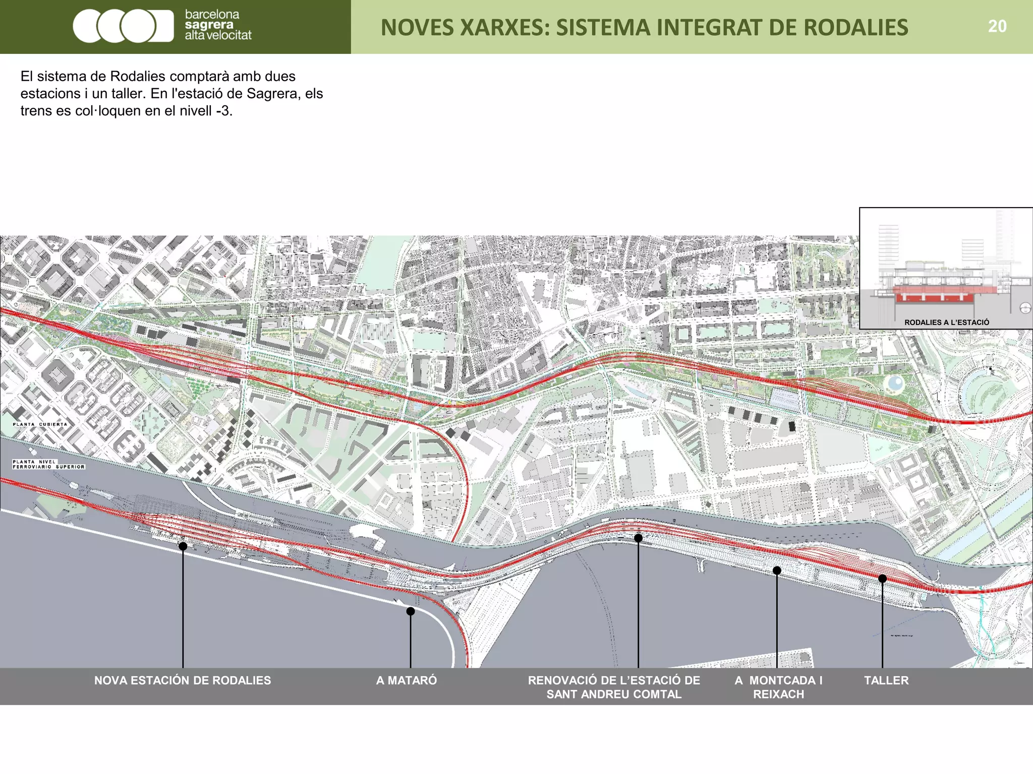 NOVA ESTACIÓN DE RODALIES A MATARÓ RENOVACIÓ DE L’ESTACIÓ DE
SANT ANDREU COMTAL
A MONTCADA I
REIXACH
TALLER
RODALIES A L’ESTACIÓ
NOVES XARXES: SISTEMA INTEGRAT DE RODALIES 20
El sistema de Rodalies comptarà amb dues
estacions i un taller. En l'estació de Sagrera, els
trens es col·loquen en el nivell -3.
 