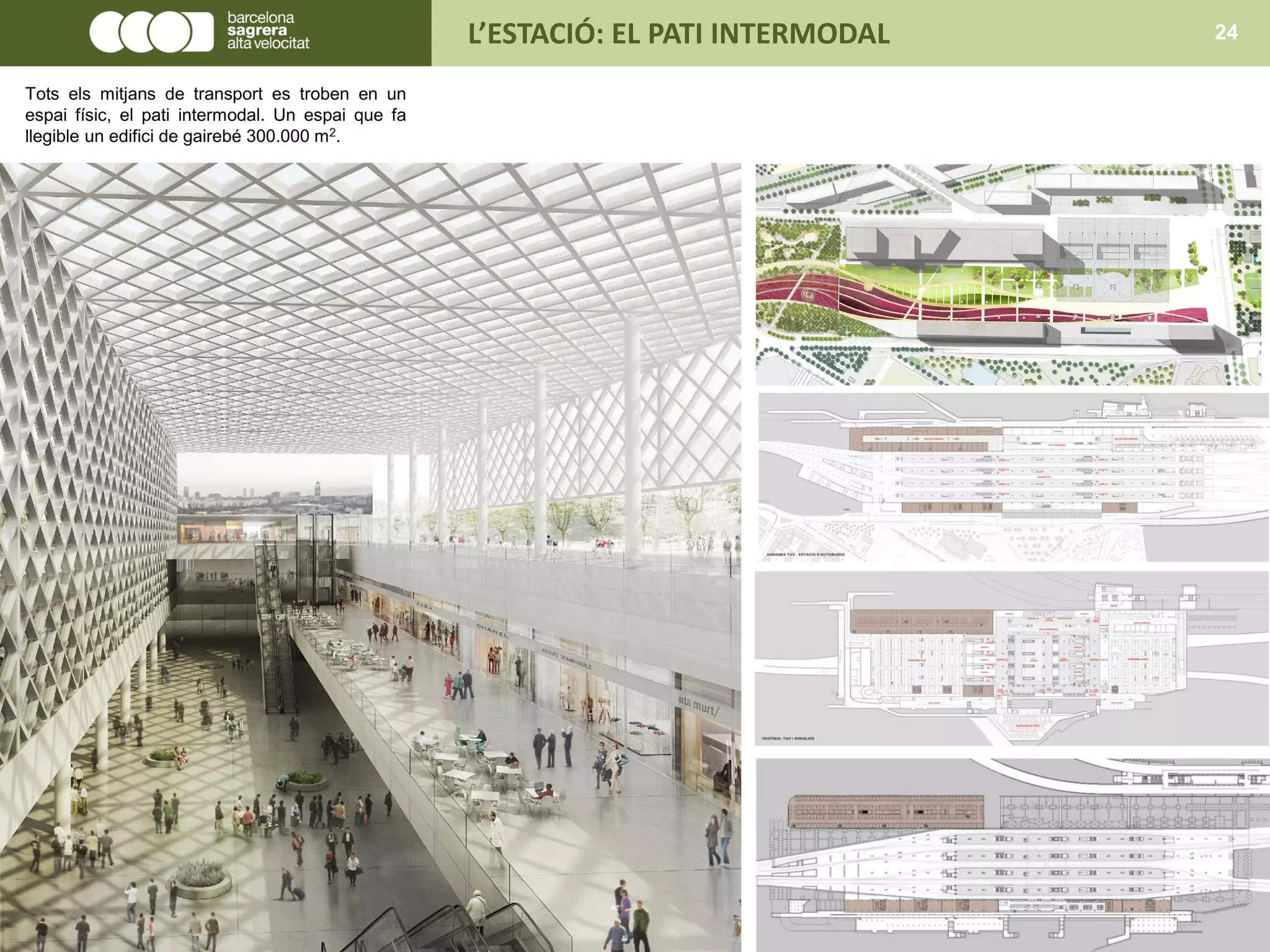 L’ESTACIÓ: EL PATI INTERMODAL 24
Tots els mitjans de transport es troben en un
espai físic, el pati intermodal. Un espai que fa
llegible un edifici de gairebé 300.000 m2.
 