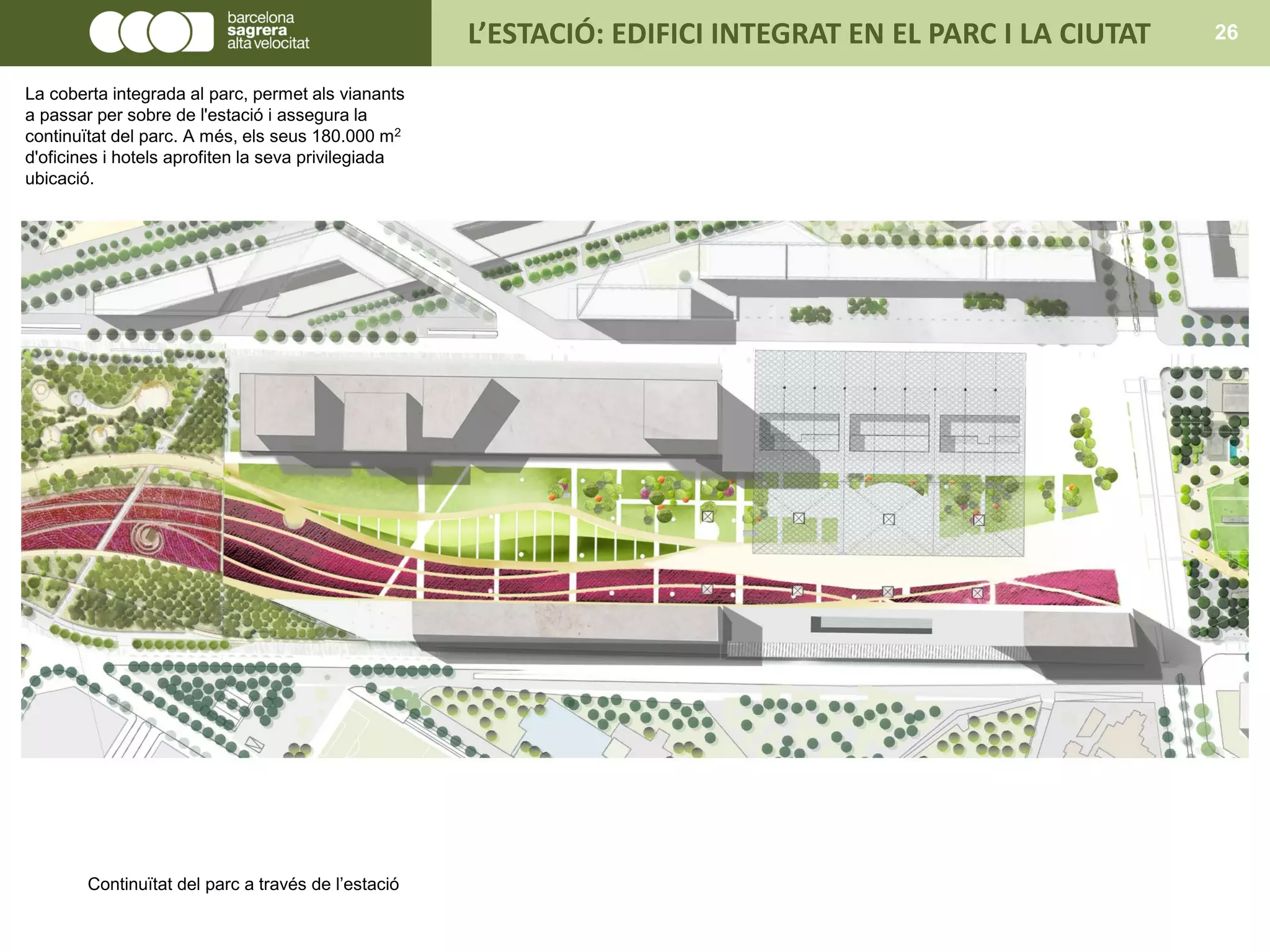 Continuïtat del parc a través de l’estació
L’ESTACIÓ: EDIFICI INTEGRAT EN EL PARC I LA CIUTAT 26
La coberta integrada al parc, permet als vianants
a passar per sobre de l'estació i assegura la
continuïtat del parc. A més, els seus 180.000 m2
d'oficines i hotels aprofiten la seva privilegiada
ubicació.
 