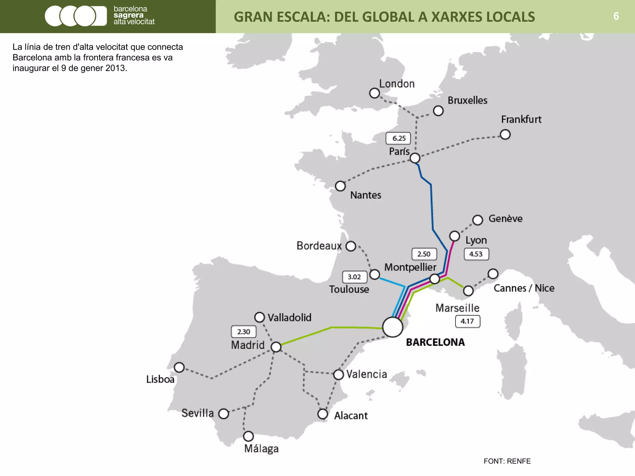 FONT: RENFE
GRAN ESCALA: DEL GLOBAL A XARXES LOCALS 6
La línia de tren d'alta velocitat que connecta
Barcelona amb la frontera francesa es ​​va
inaugurar el 9 de gener 2013.
 