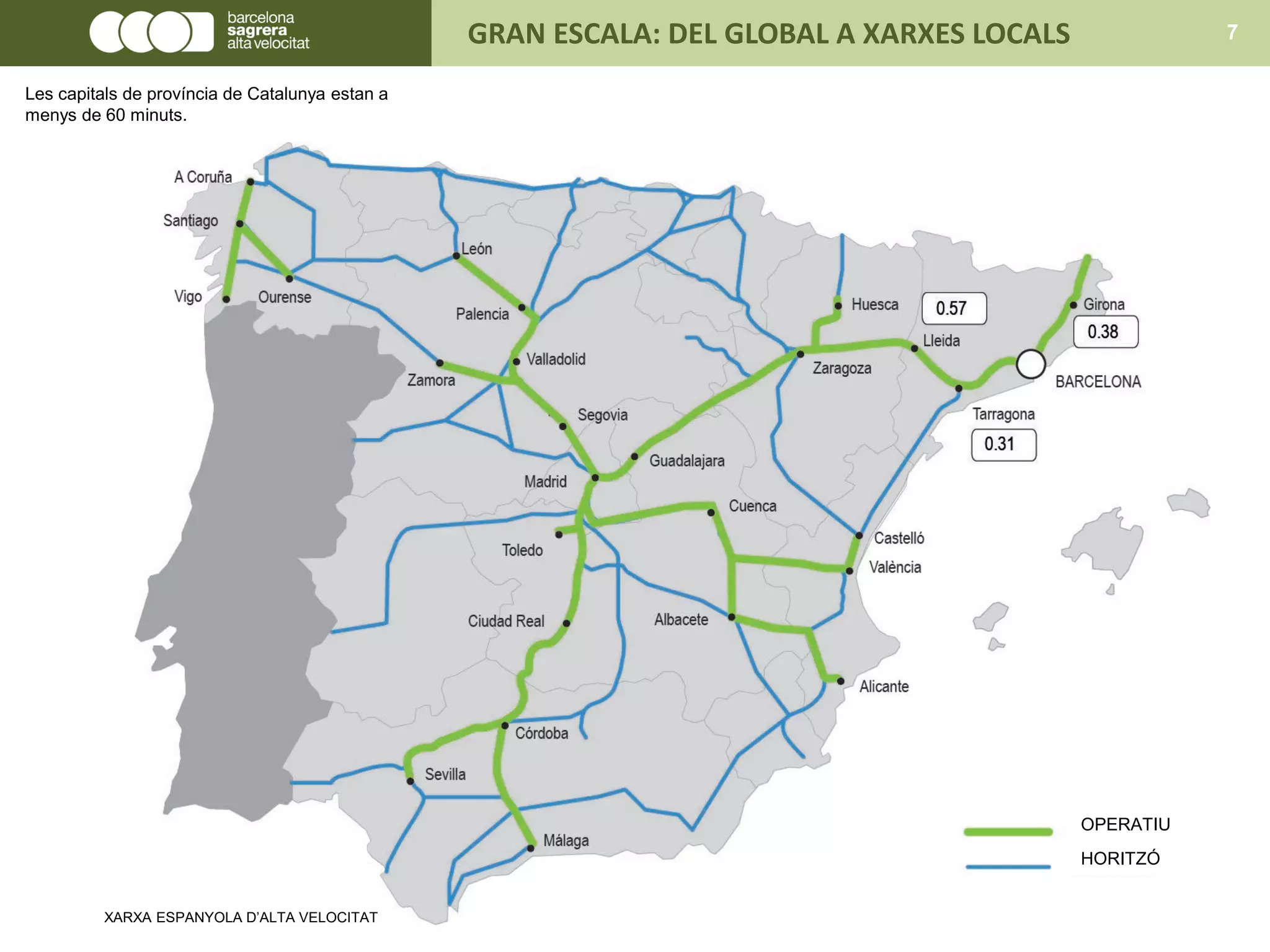 OPERATIU
HORITZÓ
XARXA ESPANYOLA D’ALTA VELOCITAT
GRAN ESCALA: DEL GLOBAL A XARXES LOCALS 7
Les capitals de província de Catalunya estan a
menys de 60 minuts.
 