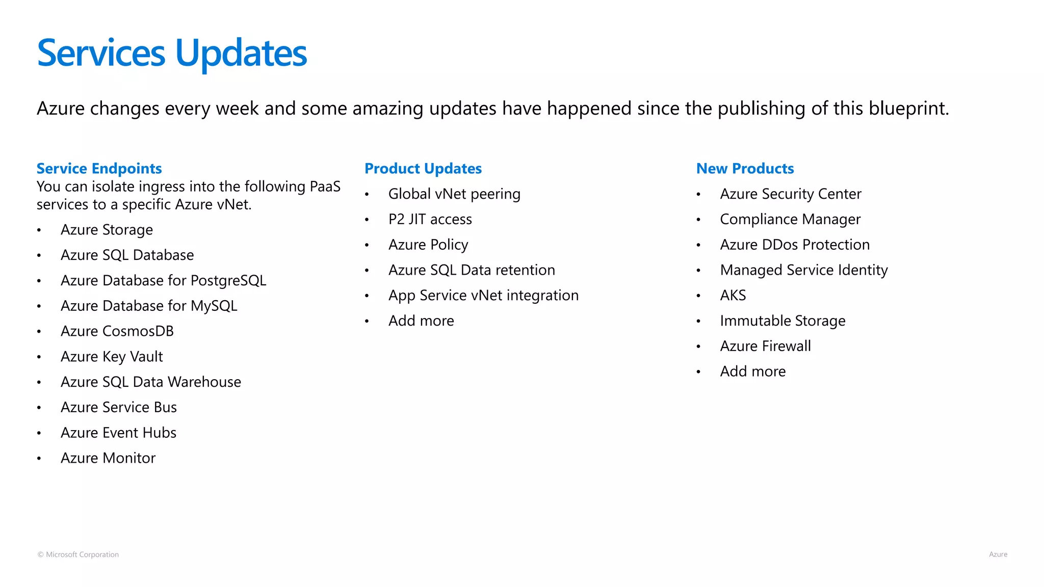 © Microsoft Corporation
Azure changes every week and some amazing updates have happened since the publishing of this blueprint.
Services Updates
Service Endpoints
You can isolate ingress into the following PaaS
services to a specific Azure vNet.
• Azure Storage
• Azure SQL Database
• Azure Database for PostgreSQL
• Azure Database for MySQL
• Azure CosmosDB
• Azure Key Vault
• Azure SQL Data Warehouse
• Azure Service Bus
• Azure Event Hubs
• Azure Monitor
Product Updates
• Global vNet peering
• P2 JIT access
• Azure Policy
• Azure SQL Data retention
• App Service vNet integration
• Add more
New Products
• Azure Security Center
• Compliance Manager
• Azure DDos Protection
• Managed Service Identity
• AKS
• Immutable Storage
• Azure Firewall
• Add more
 