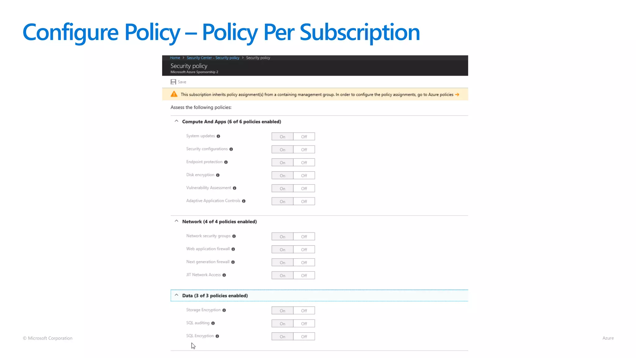 © Microsoft Corporation
Configure Policy – Policy Per Subscription
 