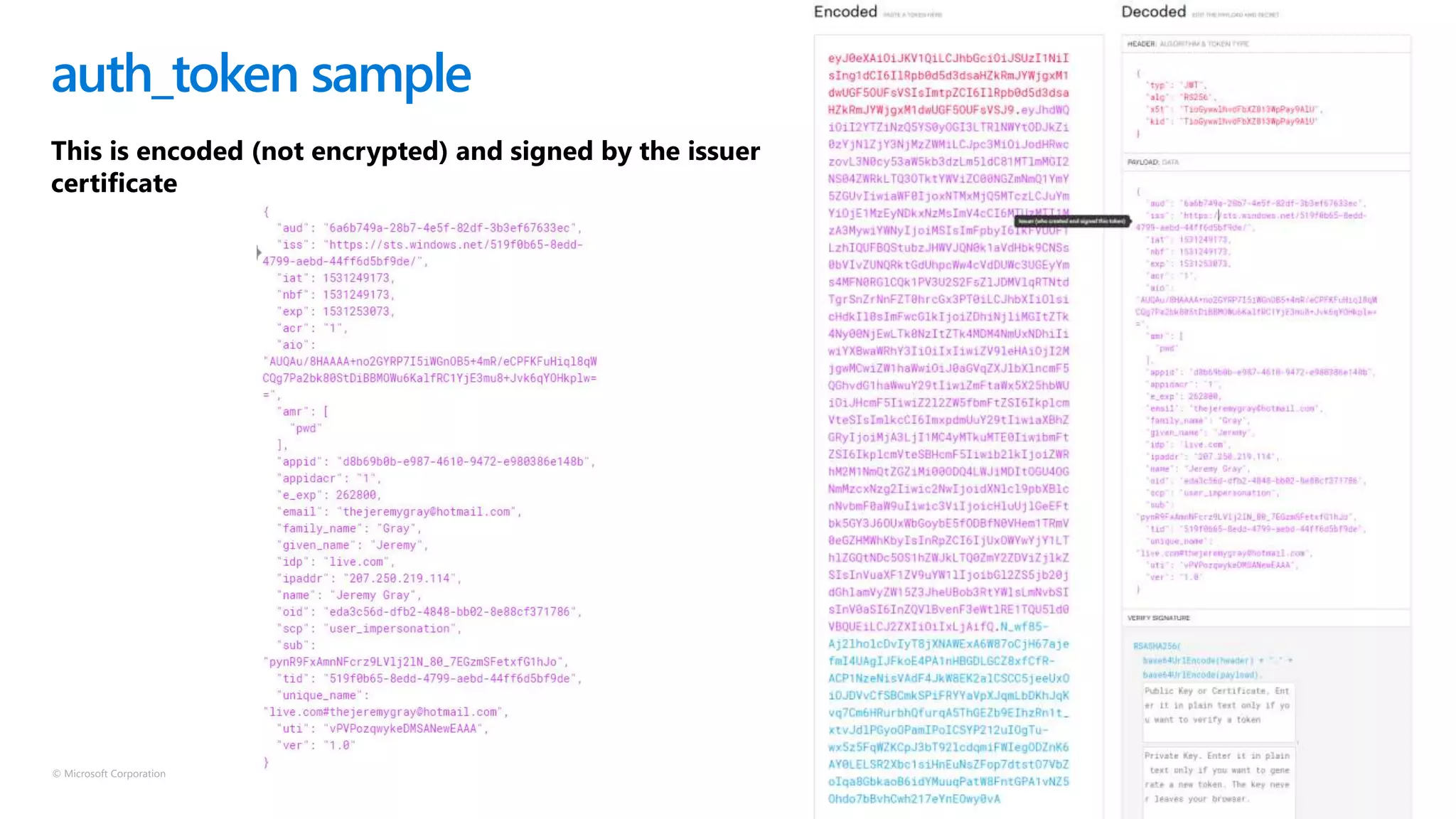 © Microsoft Corporation
auth_token sample
This is encoded (not encrypted) and signed by the issuer
certificate
 