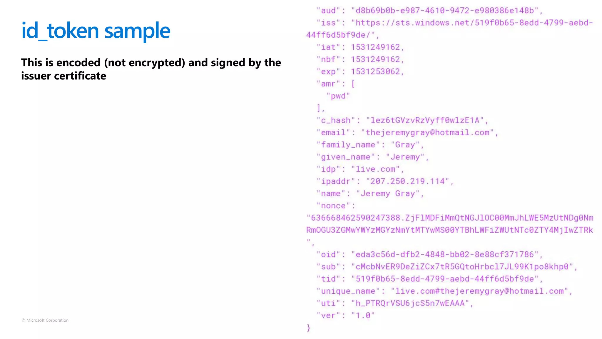 © Microsoft Corporation
id_token sample
This is encoded (not encrypted) and signed by the
issuer certificate
 