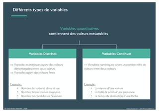 Alexia Audevart – 24H Pharma@Dreux© Tous droits réservés - 2018
Variables quantitatives
contiennent des valeurs mesurables
Þ Variables numériques ayant des valeurs
dénombrables entre deux valeurs
Þ Variables ayant des valeurs finies
Exemple :
• Nombre de voitures dans la rue
• Nombre de personnes majeures
• Nombre de candidats à l’examen
Variables Discrètes
=> Variables numériques ayant un nombre inﬁni de
valeurs entre deux valeurs.
Exemple :
• La vitesse d’une voiture
• La taille, le poids d’une personne
• Le temps de réalisation d’une tâche
Variables Continues
Différents types de variables
 