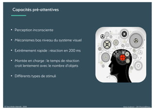 Alexia Audevart – 24H Pharma@Dreux© Tous droits réservés - 2018
Capacités pré-attentives
• Perception inconsciente
• Mécanismes bas niveau du système visuel
• Extrêmement rapide : réaction en 200 ms
• Montée en charge : le temps de réaction
croit lentement avec le nombre d’objets
• Différents types de stimuli
 