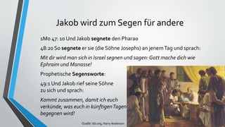 Jakob wird zum Segen für andere
1Mo 47: 10 Und Jakob segnete den Pharao
48:20 So segnete er sie (die Söhne Josephs) an jenemTag und sprach:
Mit dir wird man sich in Israel segnen und sagen: Gott mache dich wie
Ephraim und Manasse!
Prophetische Segensworte:
49:1 Und Jakob rief seine Söhne
zu sich und sprach:
Kommt zusammen, damit ich euch
verkünde, was euch in künftigenTagen
begegnen wird!
Quelle: lds.org, Harry Anderson
 