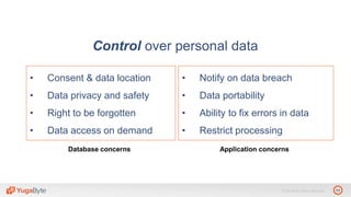 11© 2018 All rights reserved.
Control over personal data
• Consent & data location
• Data privacy and safety
• Right to be forgotten
• Data access on demand
• Notify on data breach
• Data portability
• Ability to fix errors in data
• Restrict processing
Database concerns Application concerns
 