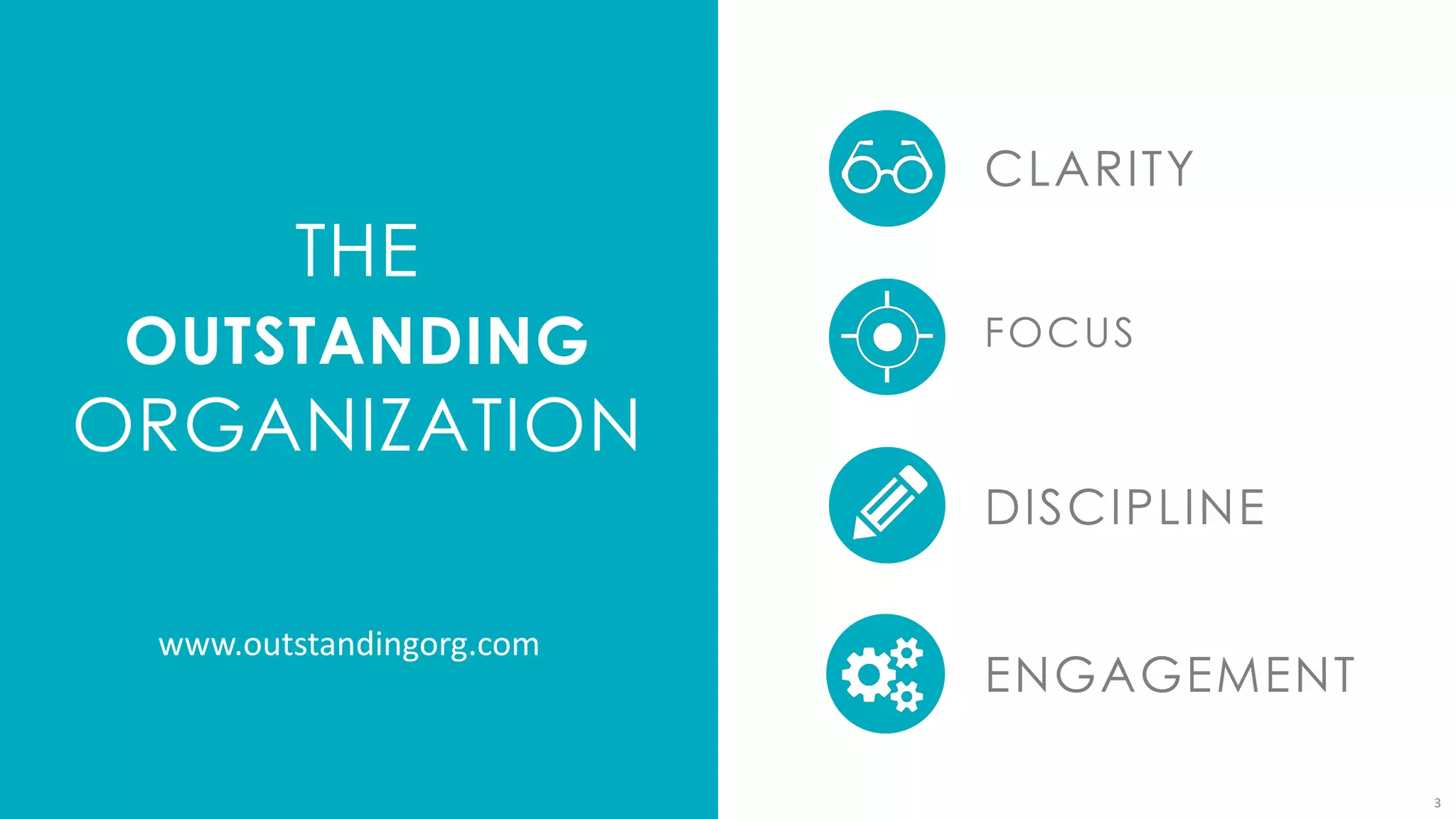 3
CLARITY
FOCUS
DISCIPLINE
ENGAGEMENT
THE
OUTSTANDING
ORGANIZATION
www.outstandingorg.com
 