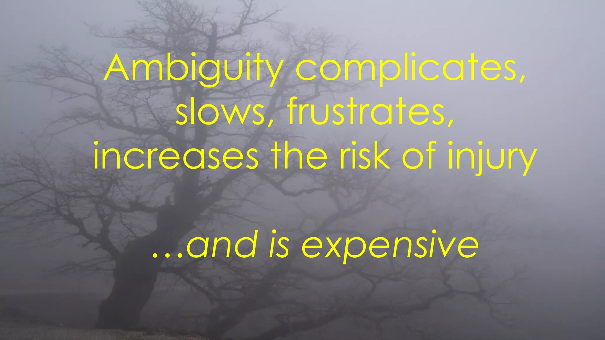Ambiguity complicates,
slows, frustrates,
increases the risk of injury
…and is expensive
 