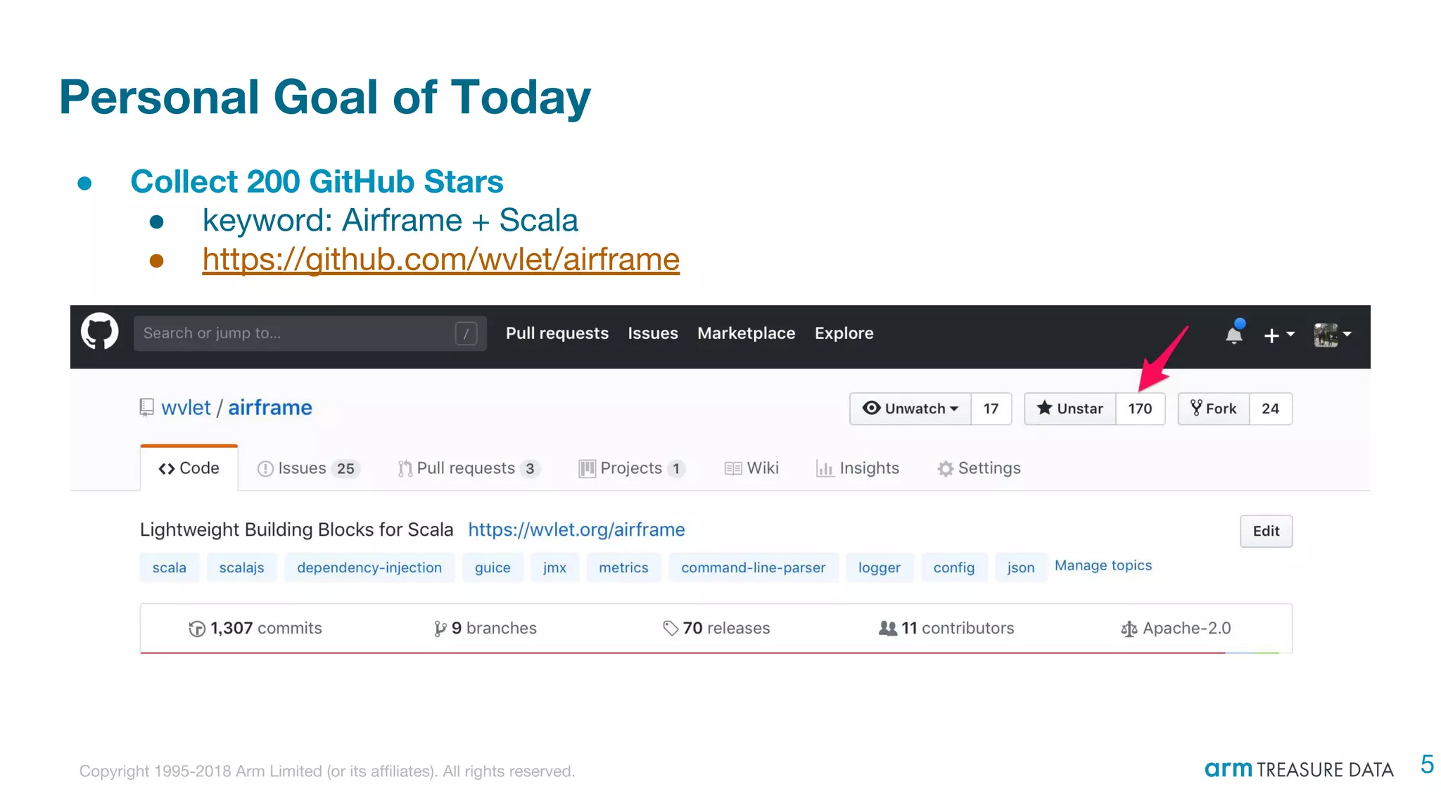 Copyright 1995-2018 Arm Limited (or its affiliates). All rights reserved.
Personal Goal of Today
● Collect 200 GitHub Stars
● keyword: Airframe + Scala
● https://github.com/wvlet/airframe
5
 