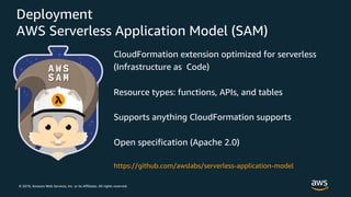 © 2018, Amazon Web Services, Inc. or its Affiliates. All rights reserved.
Deployment
AWS Serverless Application Model (SAM)
CloudFormation extension optimized for serverless
(Infrastructure as Code)
Resource types: functions, APIs, and tables
Supports anything CloudFormation supports
Open specification (Apache 2.0)
https://github.com/awslabs/serverless-application-model
 