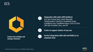 © 2018, Amazon Web Services, Inc. or its Affiliates. All rights reserved.
ECS
Easiest way to deploy and
manage containers
Integration with entire AWS platform
ALB, Auto Scaling, Batch, Elastic Beanstalk,
CloudFormation, CloudTrail, CloudWatch Events,
CloudWatch Logs, CloudWatch Metrics, ECR, EC2 Spot,
IAM, NLB, Parameter Store, and VPC
Scales to support clusters of any size
Service integrations (like ALB and NLB) are at
container level
1
2
3
 