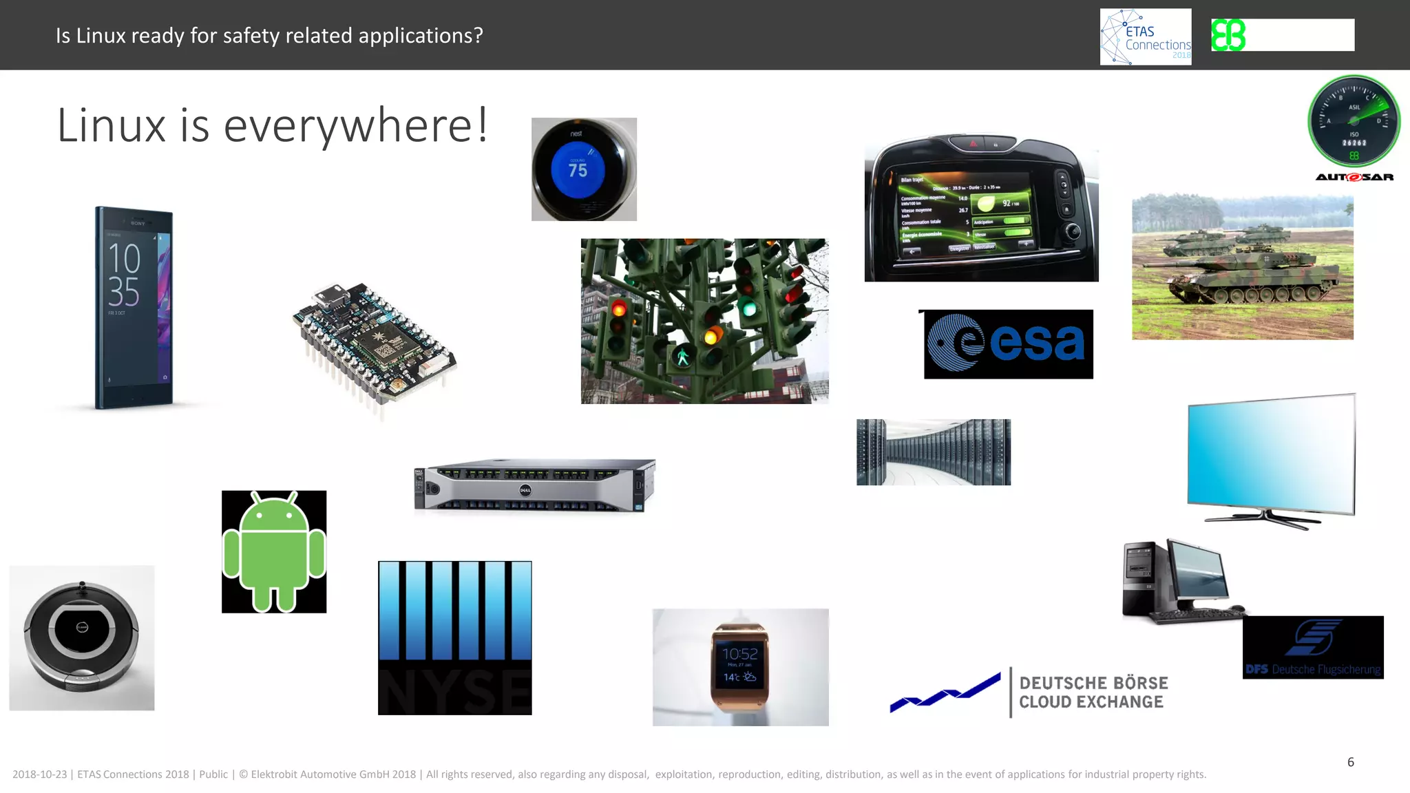 6
2018-10-23 | ETAS Connections 2018 | Public | © Elektrobit Automotive GmbH 2018 | All rights reserved, also regarding any disposal, exploitation, reproduction, editing, distribution, as well as in the event of applications for industrial property rights.
Linux is everywhere!
Is Linux ready for safety related applications?
 