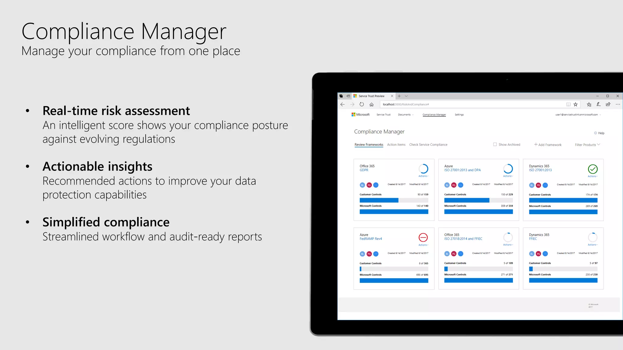 Compliance Manager
Manage your compliance from one place
• Real-time risk assessment
An intelligent score shows your compliance posture
against evolving regulations
• Actionable insights
Recommended actions to improve your data
protection capabilities
• Simplified compliance
Streamlined workflow and audit-ready reports
 