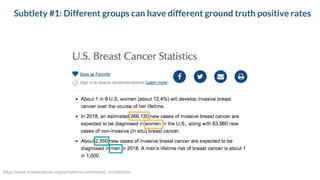 Subtlety #1: Different groups can have different ground truth positive rates
https://www.breastcancer.org/symptoms/understand_bc/statistics
 