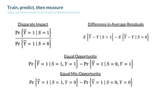 Train, predict, then measure
Apply each fairness metric to the model's probability predictions
Disparate Impact
Equal Opportunity
Equal Mis-Opportunity
Difference in Average Residuals
 