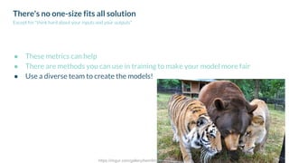 There's no one-size fits all solution
Except for "think hard about your inputs and your outputs"
● These metrics can help
● There are methods you can use in training to make your model more fair
● Use a diverse team to create the models!
https://imgur.com/gallery/hem9m
 