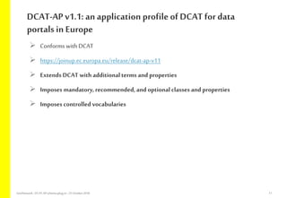 DCAT-AP v1.1: an application profile of DCAT for data
portals in Europe
 Conforms with DCAT
 https://joinup.ec.europa.eu/release/dcat-ap-v11
 Extends DCAT with additionalterms and properties
 Imposes mandatory, recommended, and optional classes and properties
 Imposes controlled vocabularies
GeoNetwork-DCAT-APschema-plug-in-25 October2018 11
 