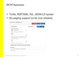 > Turtle, RDF/XML, N3, JSON-LD syntax
> No paging support so far (not needed)
DCAT harvester
GeoNetwork-DCAT-APschema-plug-in-25 October2018 22
 