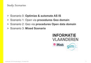 > Scenario 0: Optimize & automate AS IS
> Scenario 1: Open via procedures Geo domain
> Scenario 2: Geo via procedures Open data domain
> Scenario 3: Mixed Scenario
Study: Scenarios
GeoNetwork-DCAT-APschema-plug-in-25 October2018 5
 