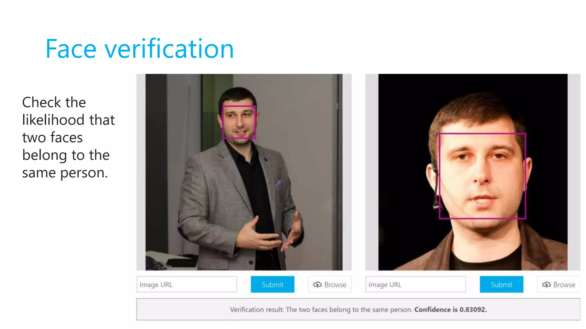 Face verification
Check the
likelihood that
two faces
belong to the
same person.
 
