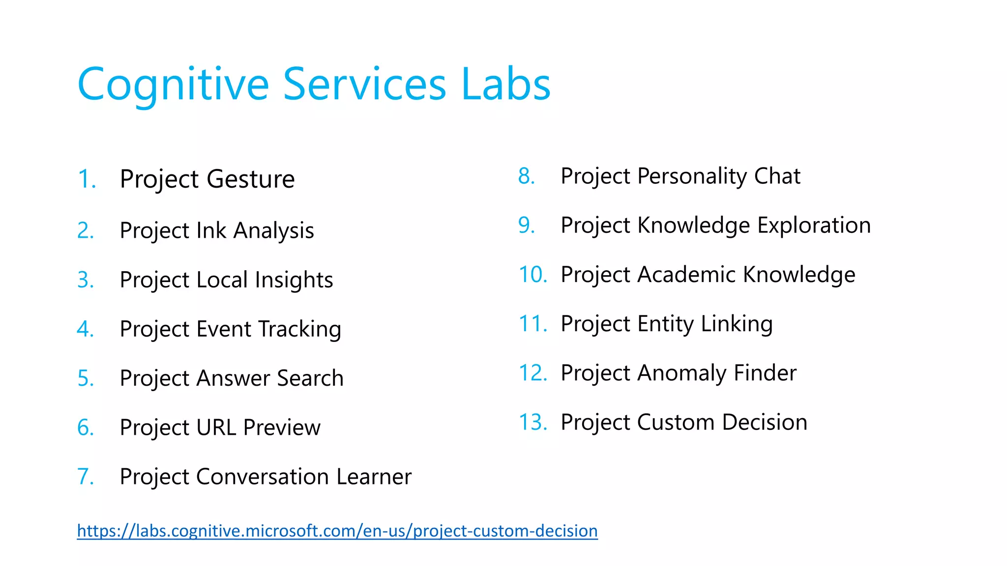 Cognitive Services Labs
1. Project Gesture
2. Project Ink Analysis
3. Project Local Insights
4. Project Event Tracking
5. Project Answer Search
6. Project URL Preview
7. Project Conversation Learner
8. Project Personality Chat
9. Project Knowledge Exploration
10. Project Academic Knowledge
11. Project Entity Linking
12. Project Anomaly Finder
13. Project Custom Decision
https://labs.cognitive.microsoft.com/en-us/project-custom-decision
 