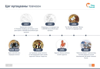 1957
Зөвлөлтийн геологич
Я. Петрович Ханбогд сум орчмын нутаг
дэвсгэрийн 1:500’000 масштабтай зураг
гаргажээ
1996
“Би-Эйч-Пи” компани “Магма
Коппер”-ыг худалдан авав
Д. Гарамжав, залуу геологич
Э. Чагнаадоржийн хамт зэсийн
эрдэсжилт байгааг тэмдэглэв.
1983МЭӨ 3000
Хүрэл зэвсгийн үеэс
мэдэгдэж эхэлсэн
2000
“Айвенхоу Майнз” компани Оюу
толгойн хайгуулын тусгай
зөвшөөрлийн 98 хувийг эзэмших
болов
1987
Э.Бүрэнхүү, А.Готовсүрэн нар
1:200’000 масштабтай зураг
гаргажээ
Цаг хугацааны товчоон
1995
Эрдэнэт, Магма компани
зэсийн судалгаа
2
 