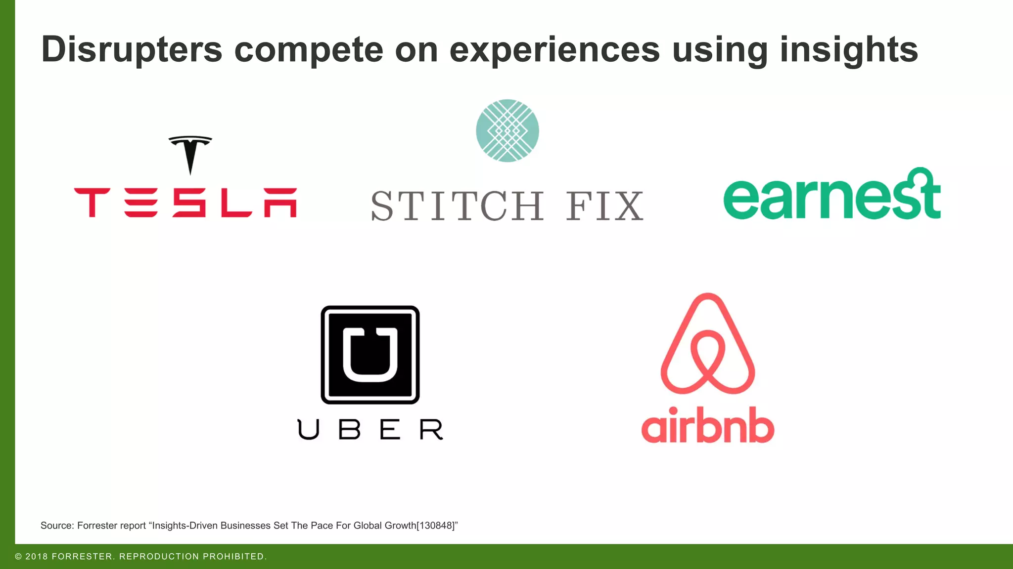 © 2018 FORRESTER. REPRODUCTION PROHIBITED.
Disrupters compete on experiences using insights
Source: Forrester report “Insights-Driven Businesses Set The Pace For Global Growth[130848]”
 
