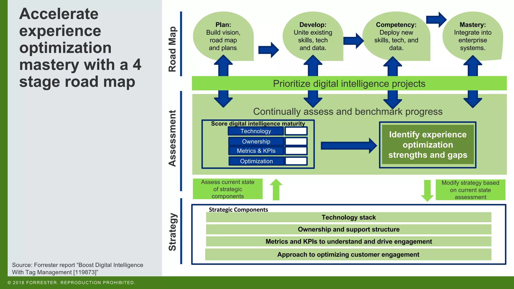 © 2018 FORRESTER. REPRODUCTION PROHIBITED.
Assessment
Plan:
Build vision,
road map
and plans.
Develop:
Unite existing
skills, tech
and data.
Competency:
Deploy new
skills, tech, and
data.
Mastery:
Integrate into
enterprise
systems.
Continually assess and benchmark progress
Identify experience
optimization
strengths and gaps
Technology
Ownership
Metrics & KPIs
Optimization
Score digital intelligence maturity
RoadMap
Prioritize digital intelligence projects
Technology stack
Strategic Components
Ownership and support structure
Metrics and KPIs to understand and drive engagement
Approach to optimizing customer engagement
Strategy
Assess current state
of strategic
components
Modify strategy based
on current state
assessment
Source: Forrester report “Boost Digital Intelligence
With Tag Management [119873]”
Accelerate
experience
optimization
mastery with a 4
stage road map
 