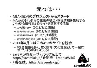 • MLAK
• M/L/A/K
– savelibrary (2011/3/12 )
– savemuseum (2011/3/12 )
– savearchives (2011/3/13 )
– savekominkan (2011/3/16 )
• 2011 4 4
–
• saveMLAK( )
http://savemlak.jp/ MediaWiki
• https://savemlak.jp 5
 