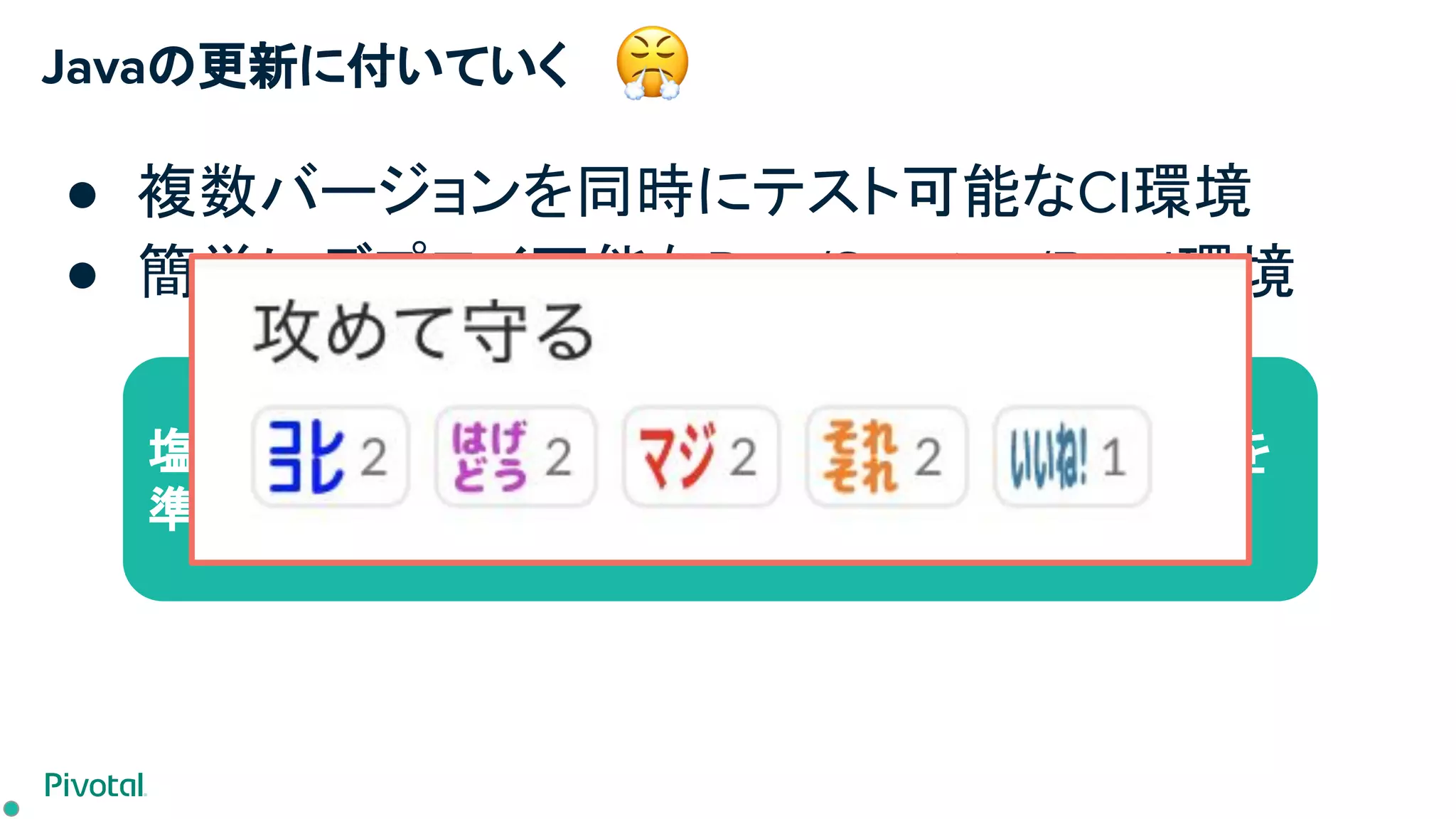 Javaの更新に付いていく
● 複数バージョンを同時にテスト可能なCI環境
● 簡単にデプロイ可能なDev/Staging/Prod環境
塩漬けするのではなく、アップデートし続けられる環境を
準備。
 