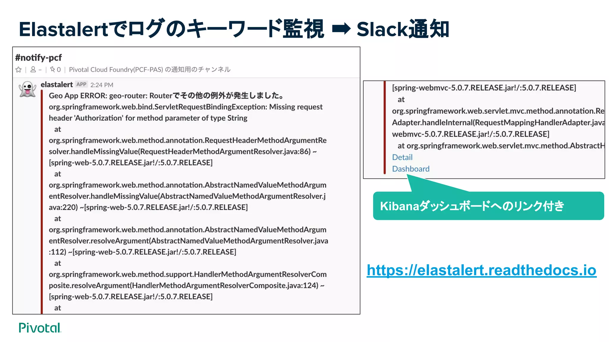 Elastalertでログのキーワード監視 ➡ Slack通知
Kibanaダッシュボードへのリンク付き
https://elastalert.readthedocs.io
 
