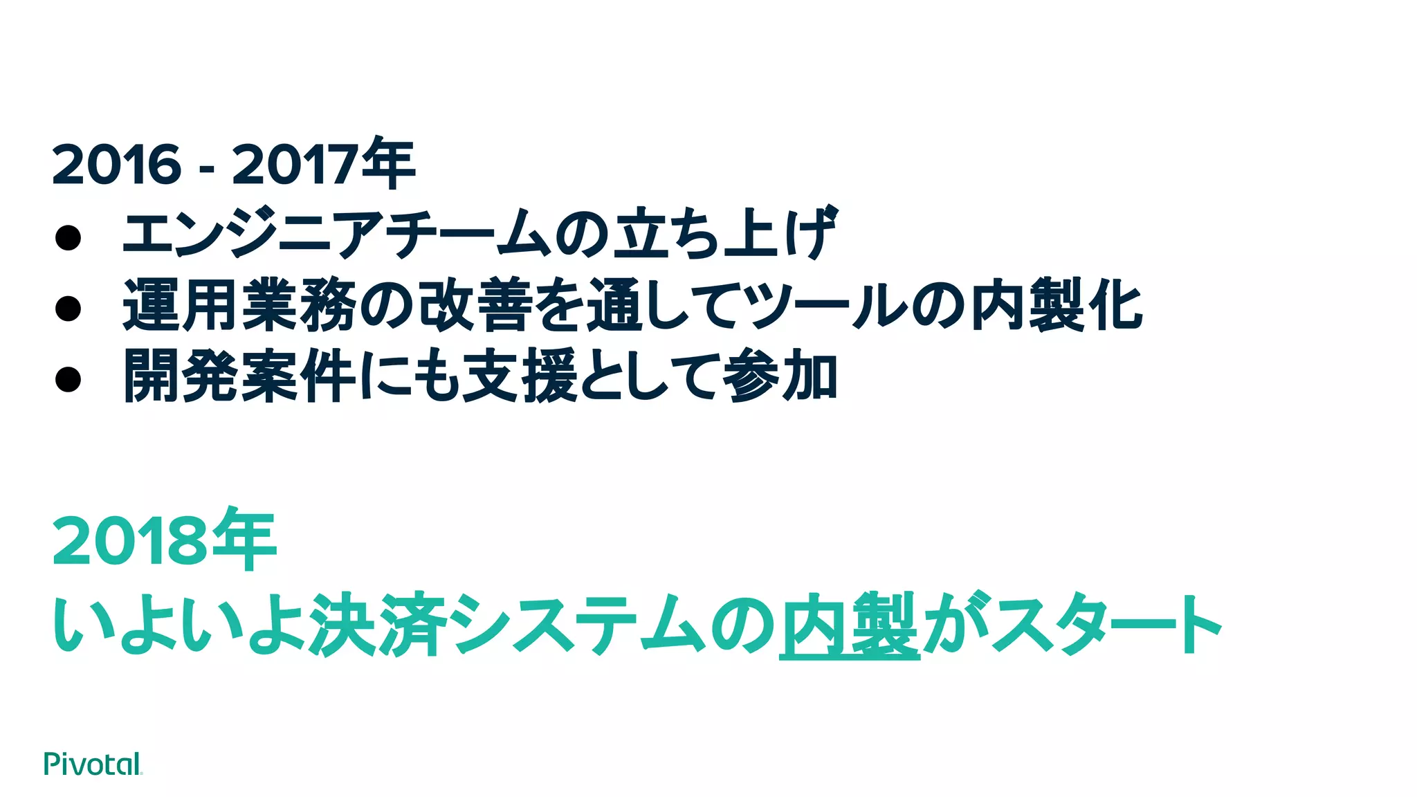 2016 - 2017年
● エンジニアチームの立ち上げ
● 運用業務の改善を通してツールの内製化
● 開発案件にも支援として参加
2018年
いよいよ決済システムの内製がスタート
 