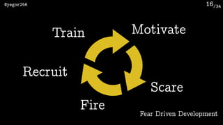 /34@yegor256 16
Recruit
Train Motivate
Scare
Fire Fear Driven Development
 